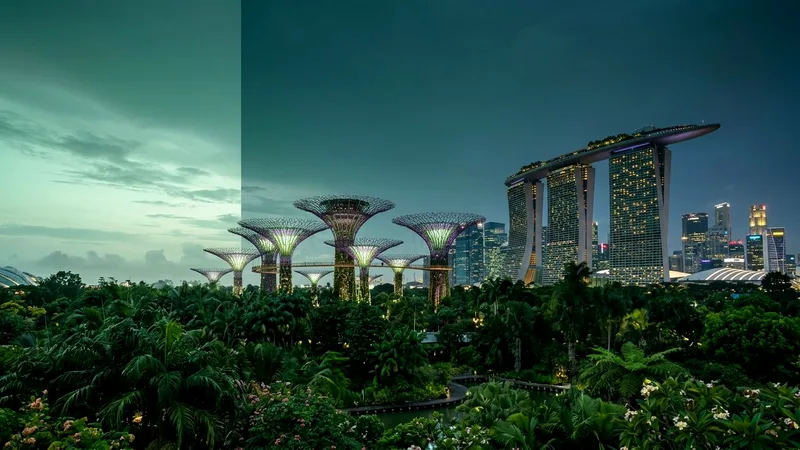 Gardens by the Bay Supertrees glowing at dusk beside Marina Bay Sands towers.
