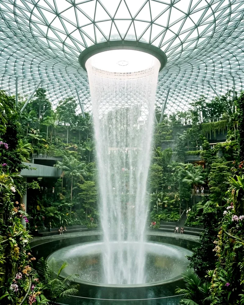 Rain Vortex waterfall pouring through a glass dome into terraced indoor rainforest at Jewel Changi.