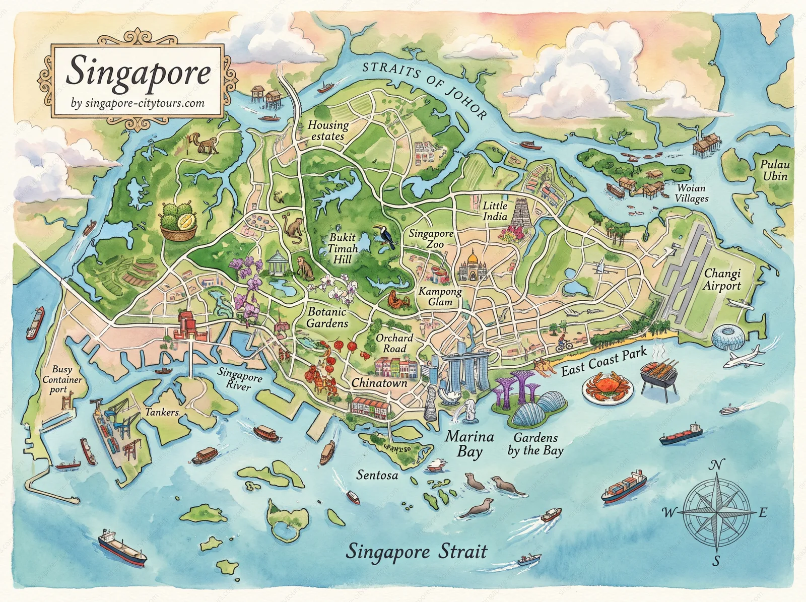 Illustrated tourist map of Singapore island showing Marina Bay, ethnic quarters, Sentosa, gardens, zoo, Changi Airport and surrounding straits.