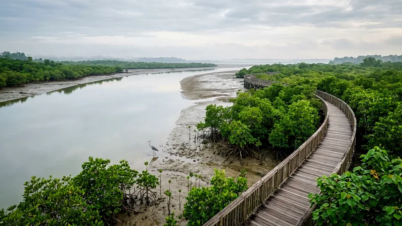 Mangrove wetlands and a curving boardwalk at Sungei Buloh in morning mist.