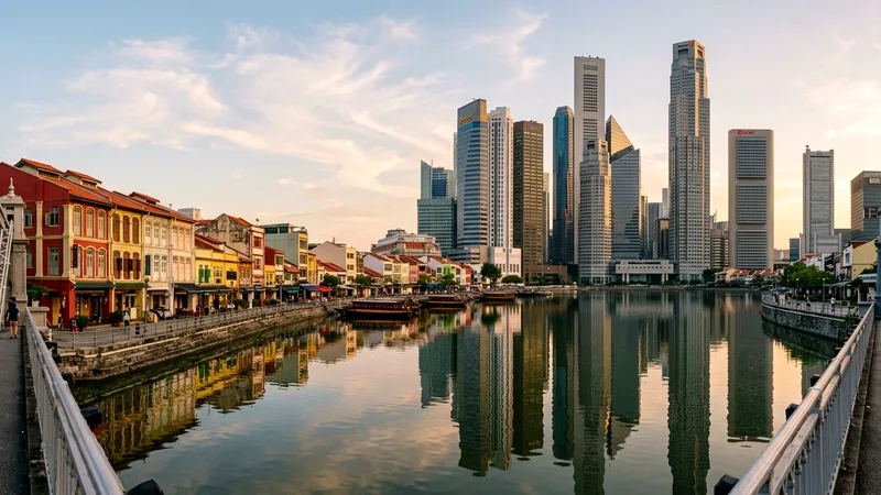 Boat Quay shophouses along the Singapore River below the financial district towers.