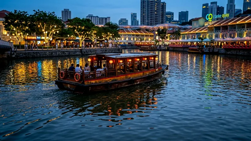 Wooden bumboat cruising the Singapore River at dusk with lights reflecting on water.