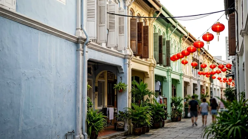 Pastel Chinatown shophouses with wooden shutters and red lanterns overhead.