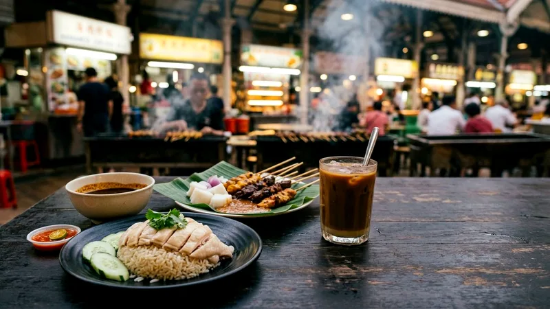 Chicken rice, satay on banana leaf and iced coffee on a hawker centre table.