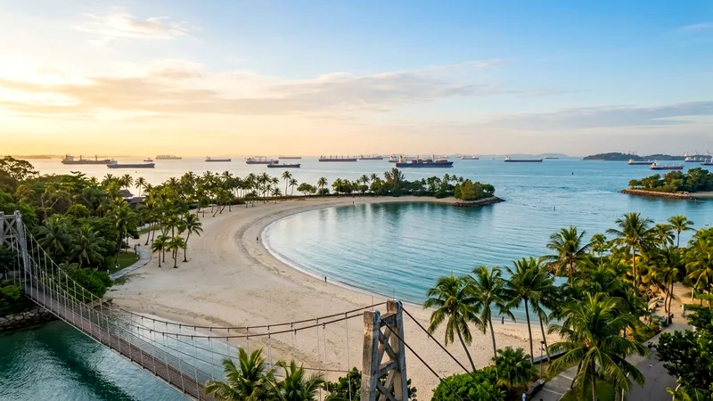 Palm-lined Palawan Beach on Sentosa with calm sea and distant ships at sunrise.